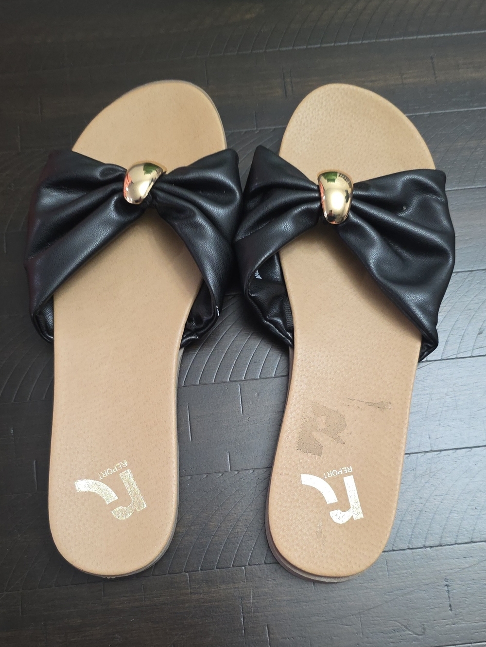 Report Black Bow Slide Sandals with Gold Accent